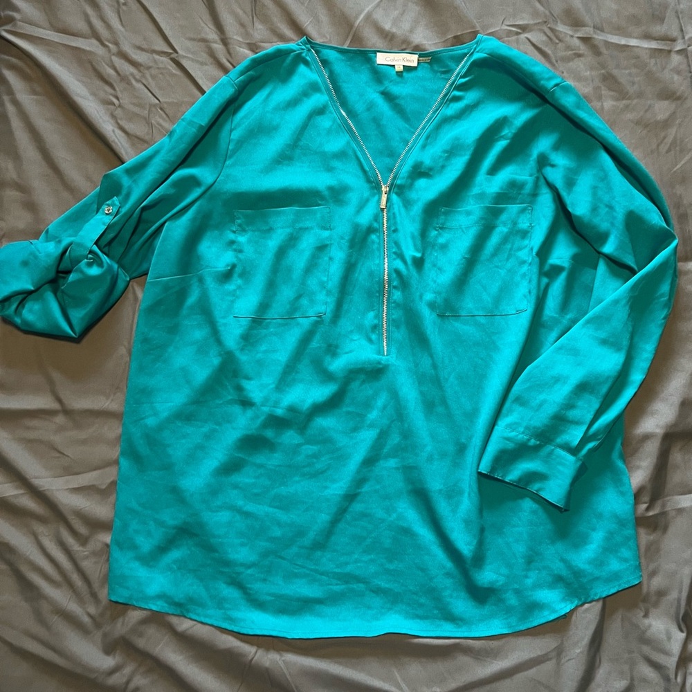 Calvin Klein Women’s Zipper Teal Blouse-1X!